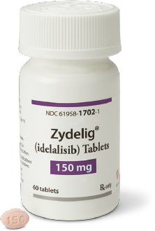 Bottle of ZYDELIG® (idelalisib) 150 mg tablets.